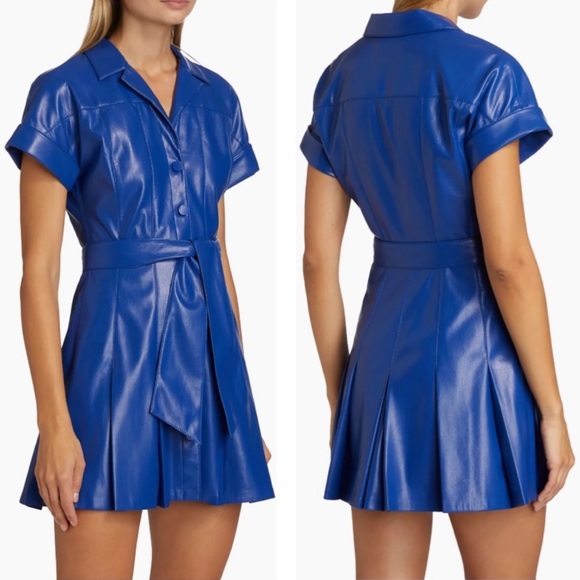 Alice + Olivia Shirley Faux-Leather Mini Shirtdress in Royal Size 2 - Picture 15 of 16